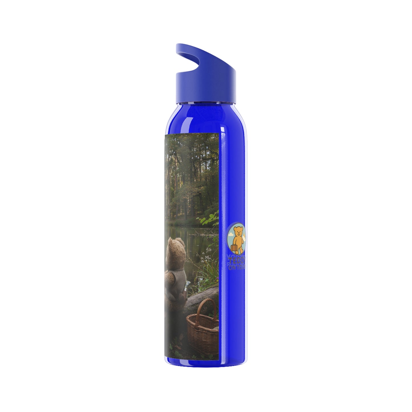 Teddy on Tour teddy in sunny forest near a lake Sky Water Bottle