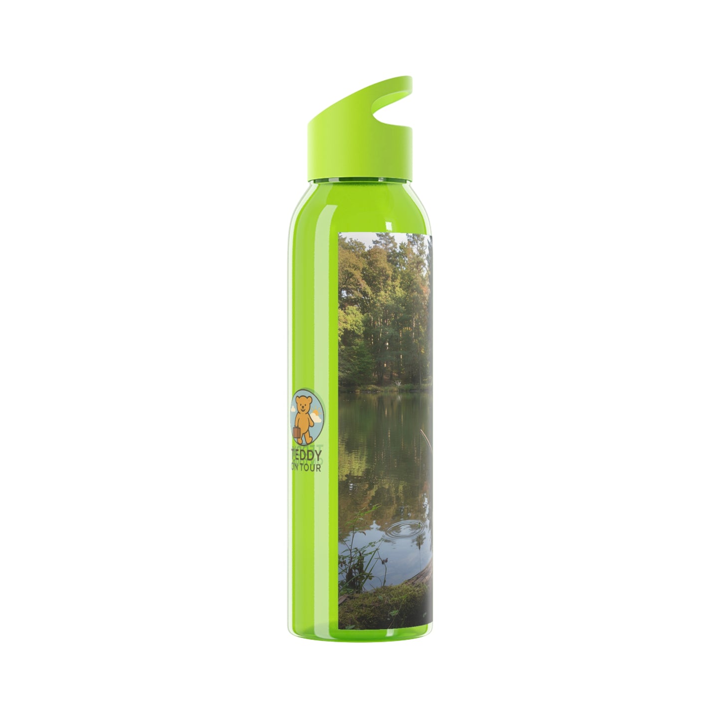 Teddy on Tour teddy in sunny forest near a lake Sky Water Bottle