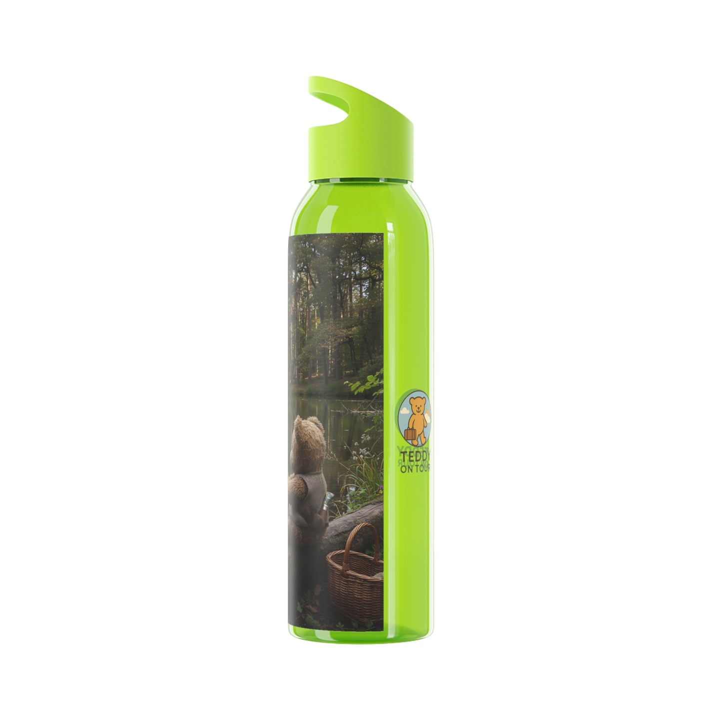 Teddy on Tour teddy in sunny forest near a lake Sky Water Bottle