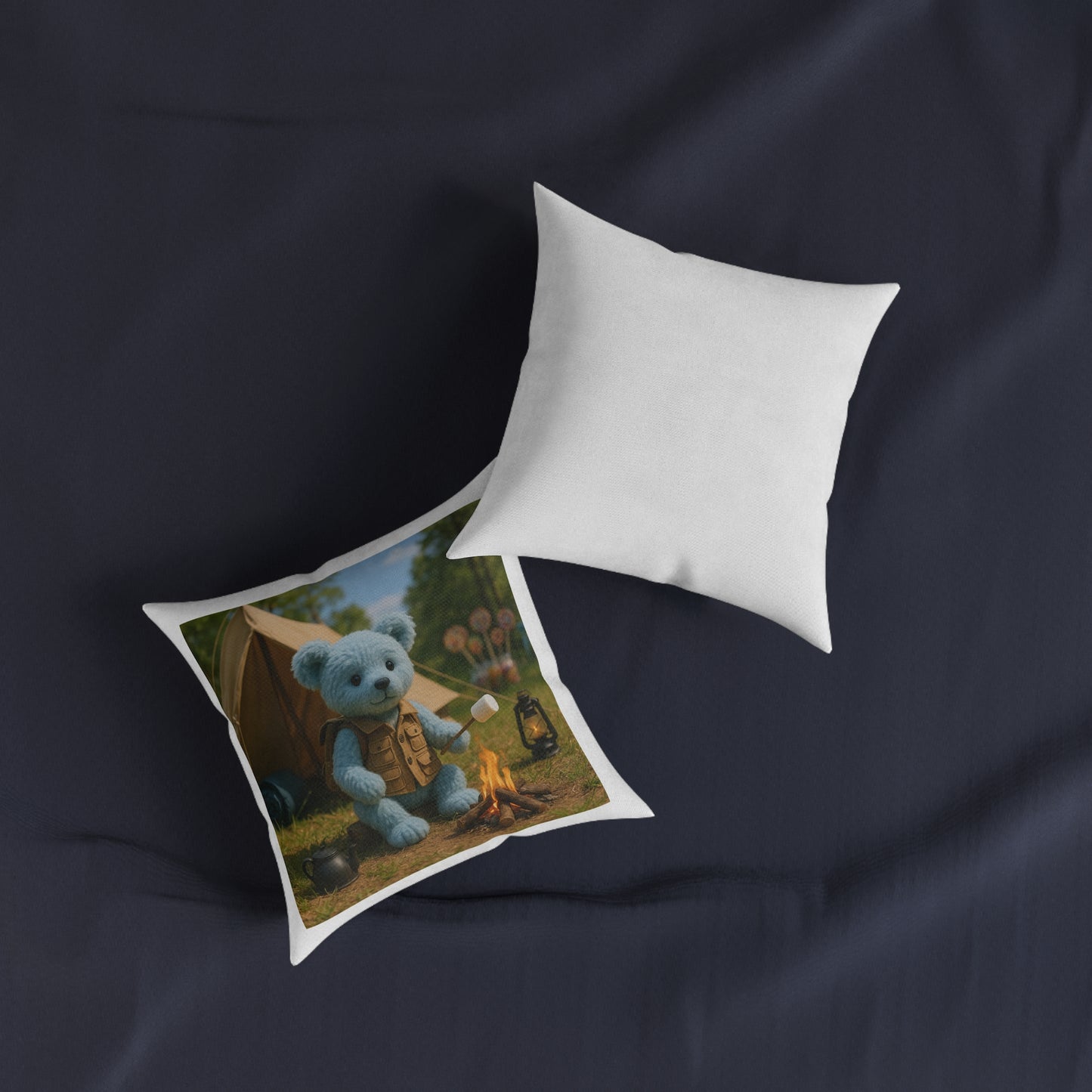 Teddy on Tour Indigo goes camping Square Pillow