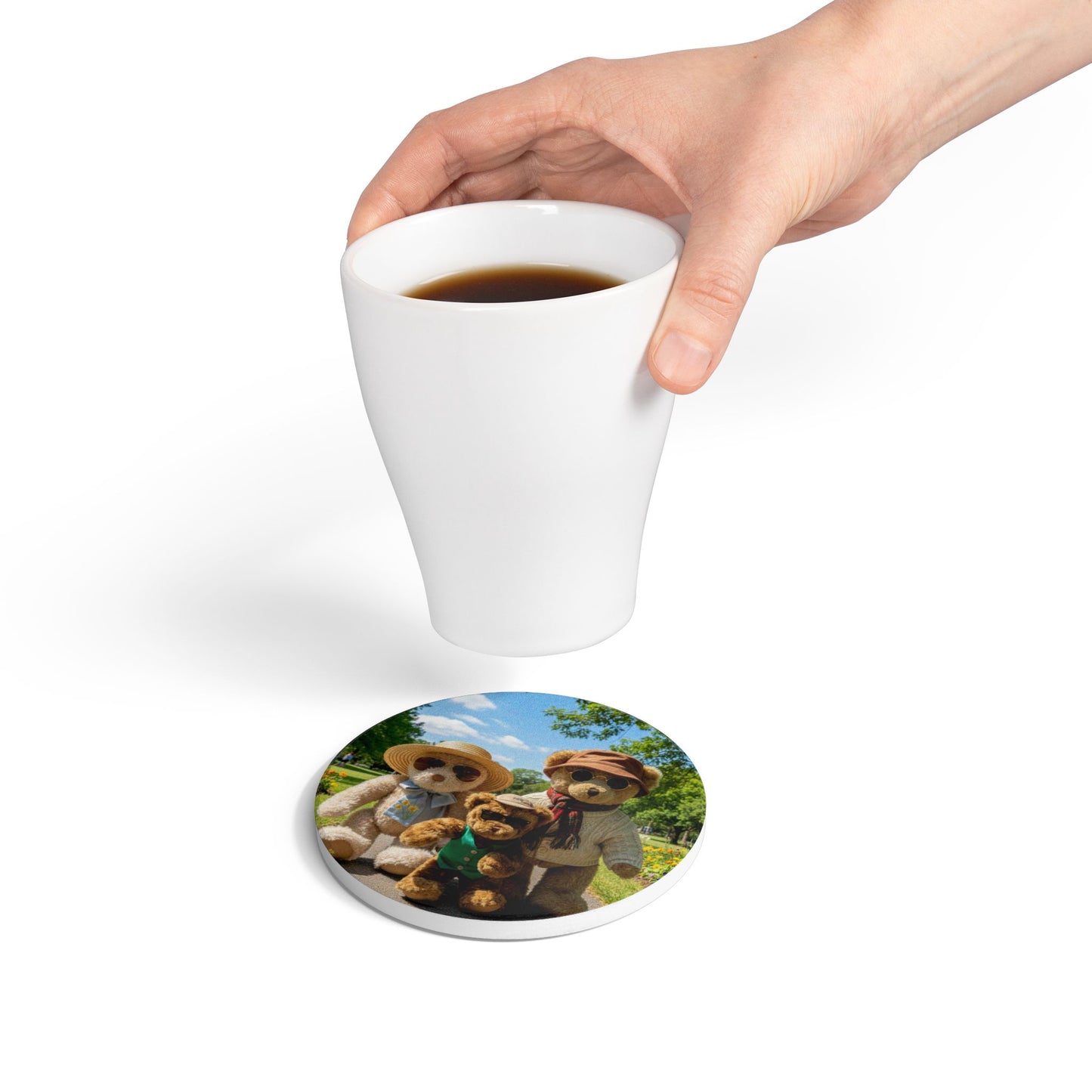 Teddy on Tour Bear Family enjoy afternoon tea Ceramic Coaster