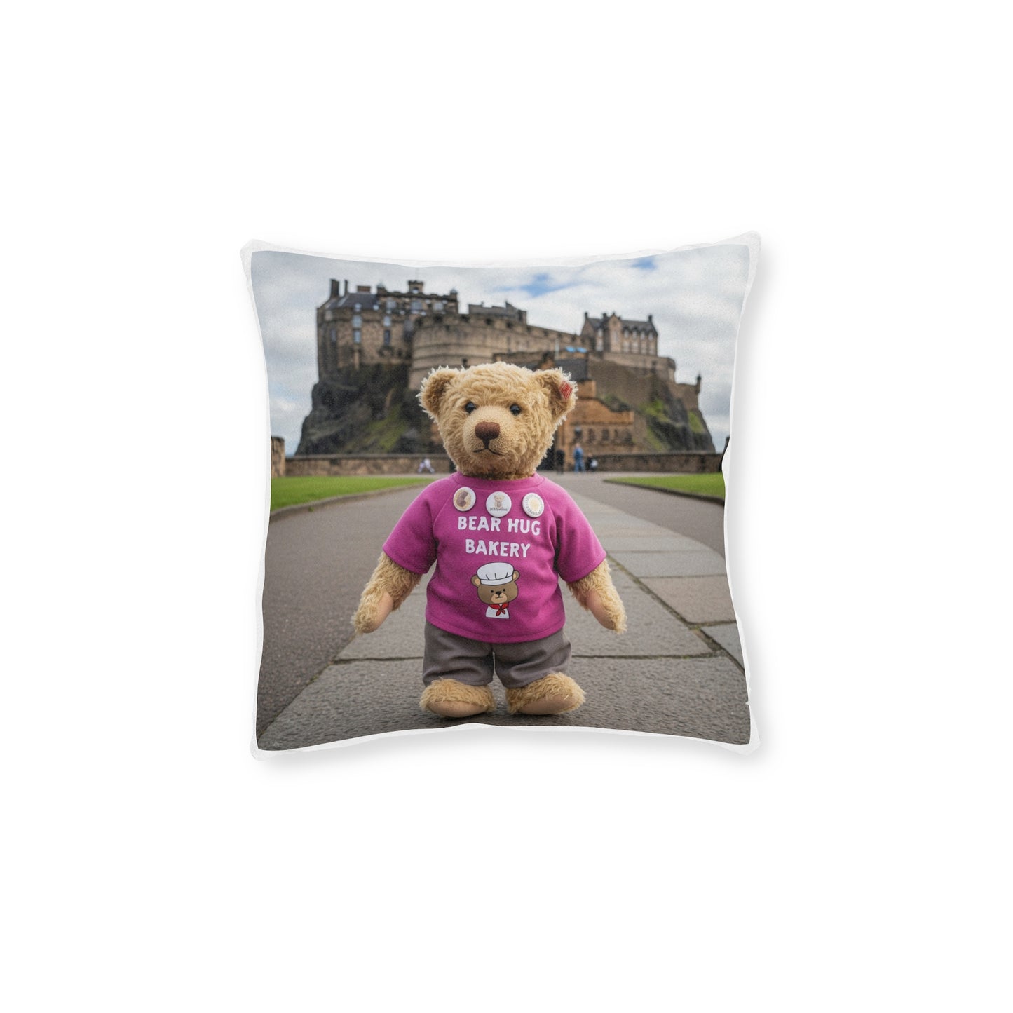 Teddy on Tour Olly in Scotland Square Pillow