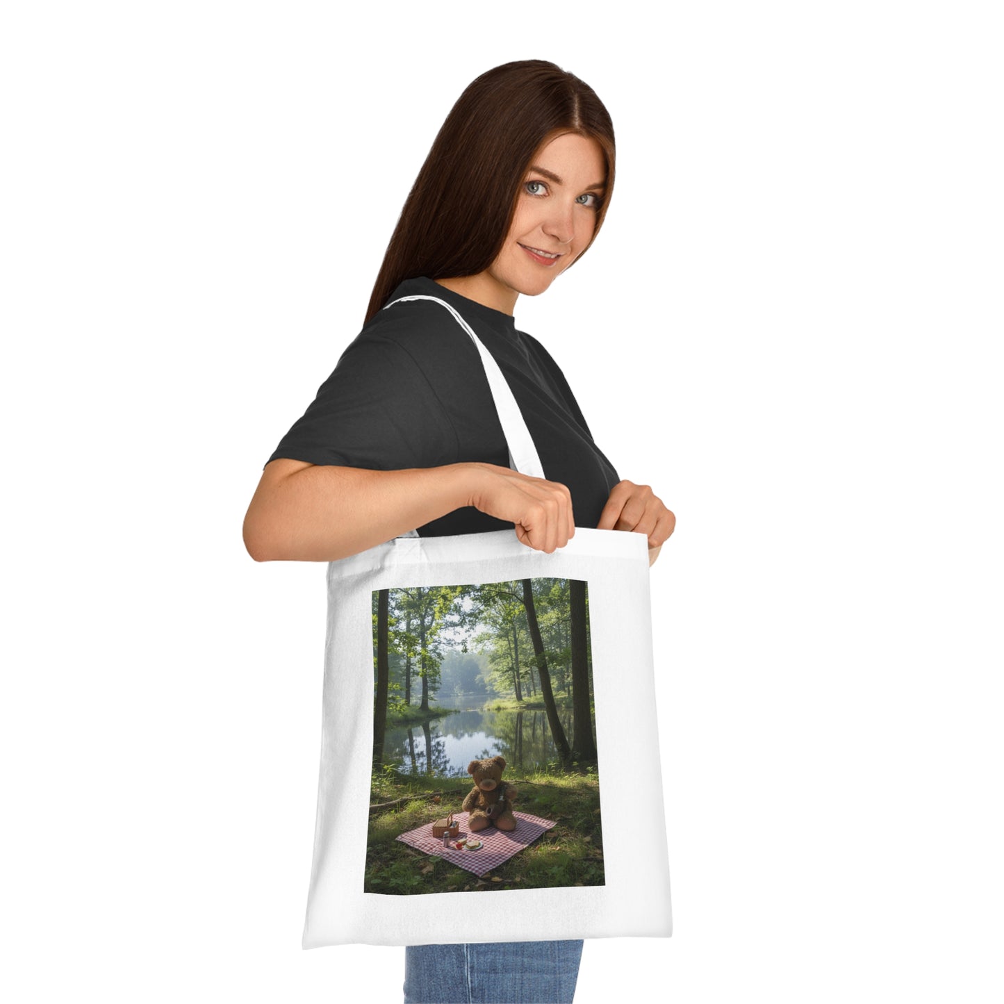 Teddy On Tour – teddy in sunny forest near a lake Cotton Tote Bag