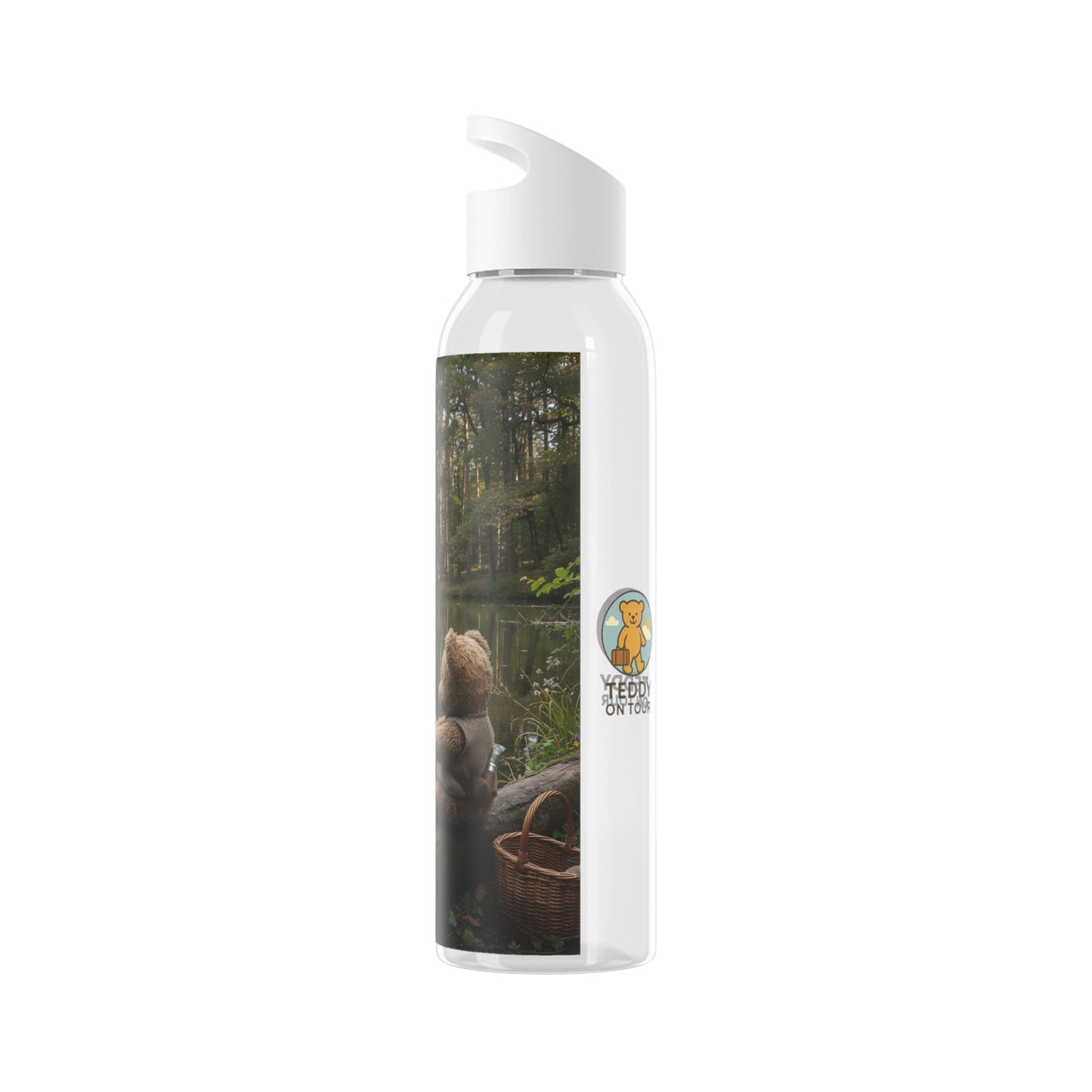 Teddy on Tour teddy in sunny forest near a lake Sky Water Bottle