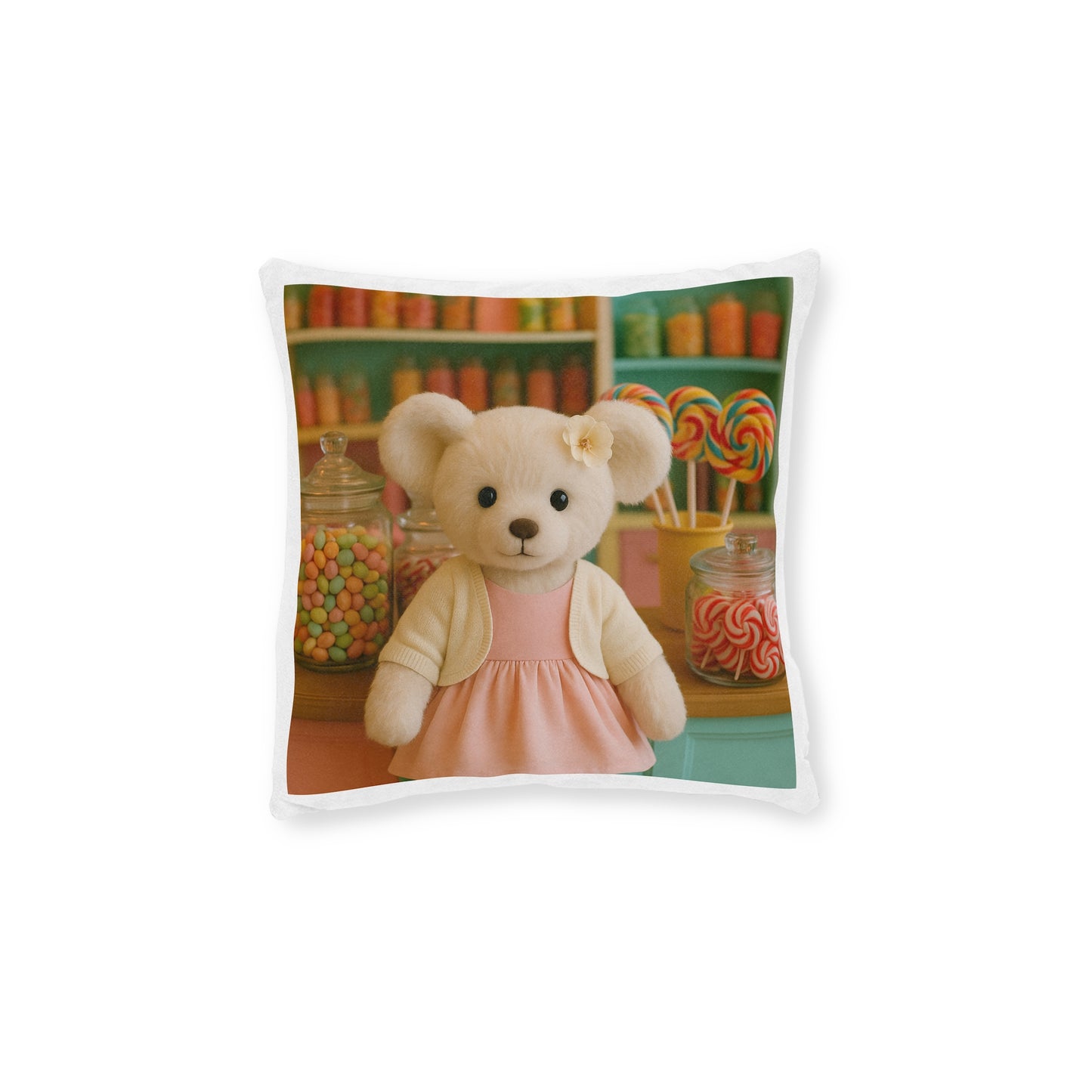 Teddy on Tour Bella in a sweet shop Square Pillow