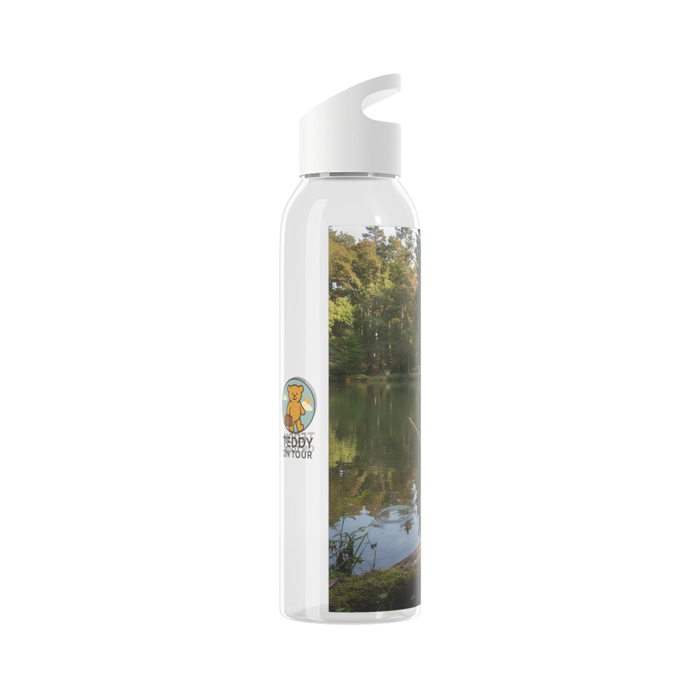 Teddy on Tour teddy in sunny forest near a lake Sky Water Bottle