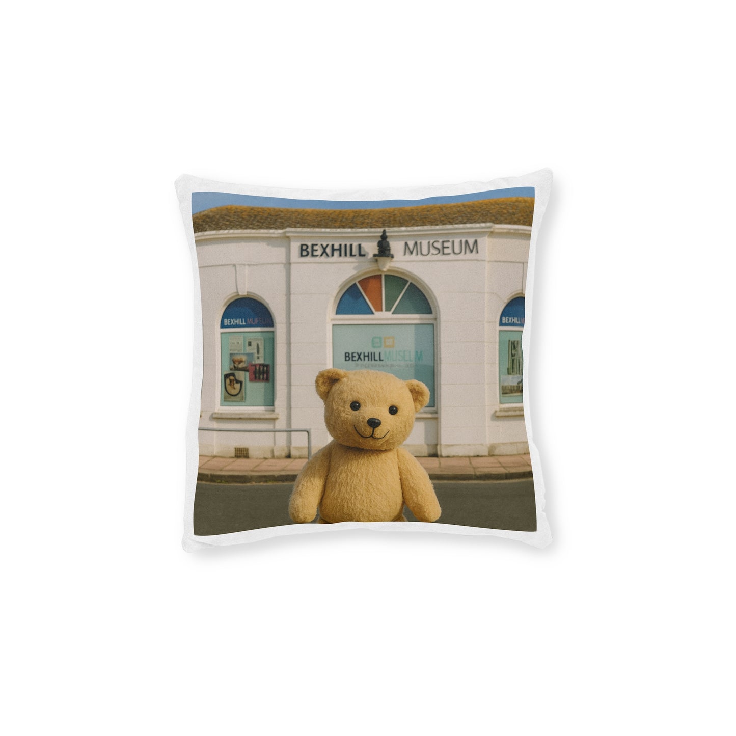 Teddy on Tour Bexhill Museum Square Pillow