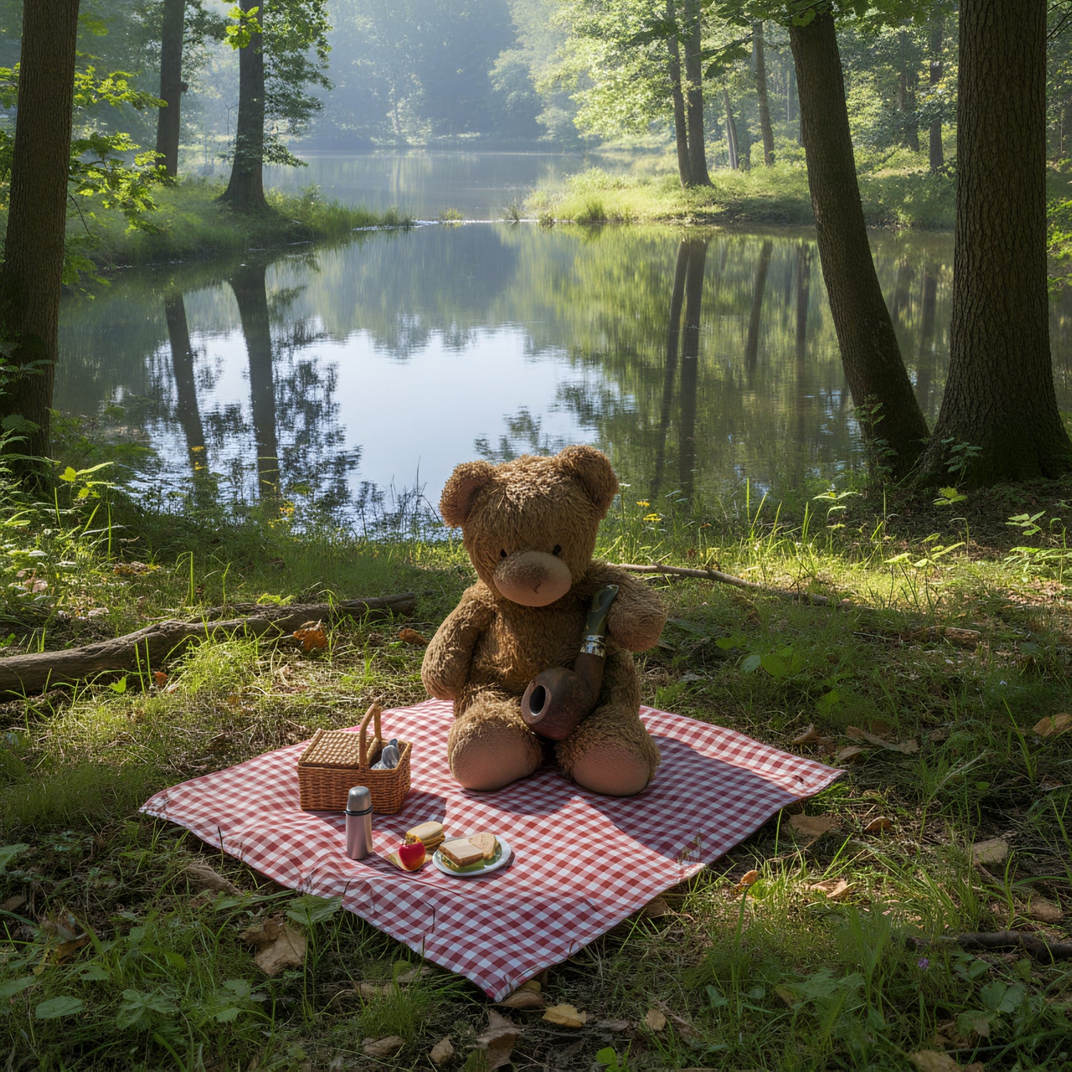 Teddy in sunny forest near a lake