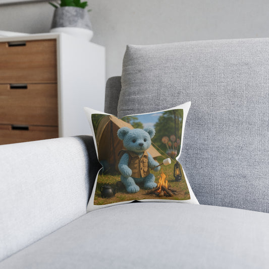 Teddy on Tour Indigo goes camping Square Pillow