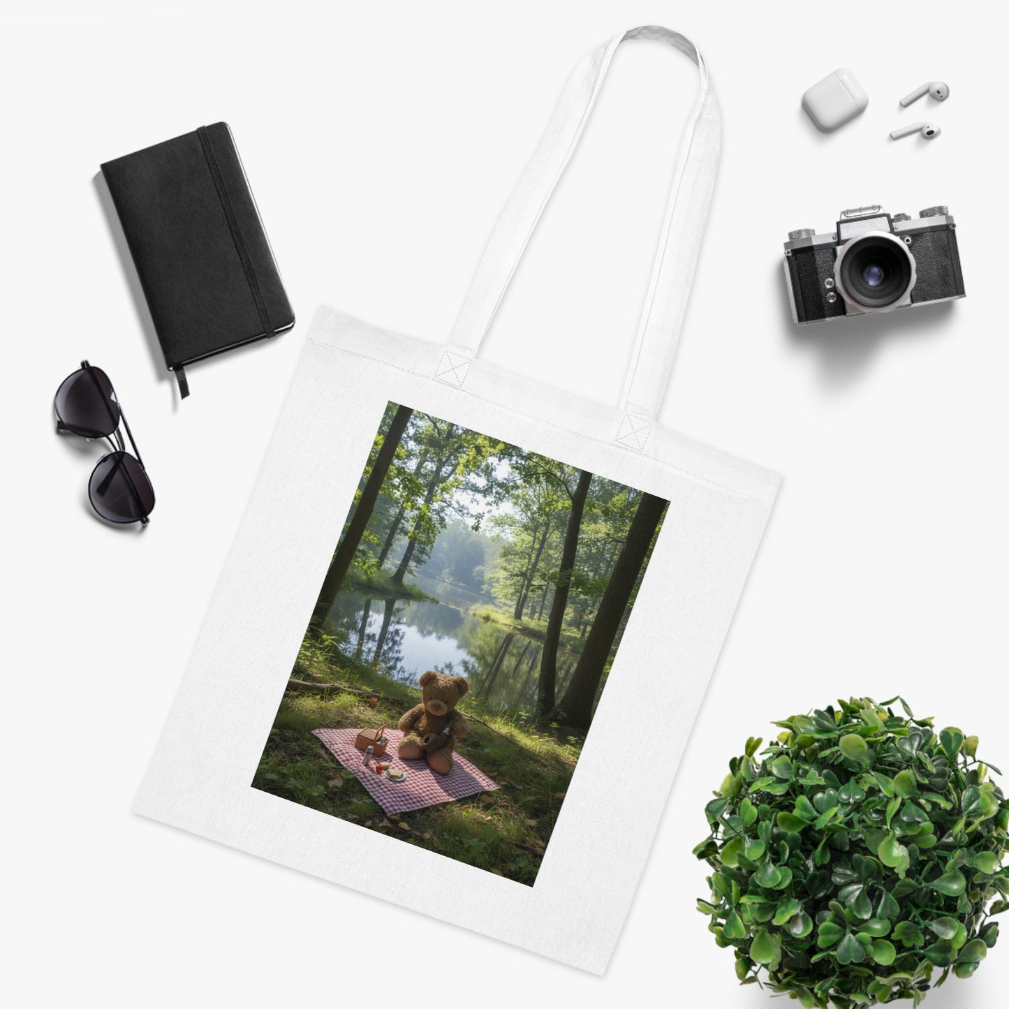 Teddy On Tour – teddy in sunny forest near a lake Cotton Tote Bag