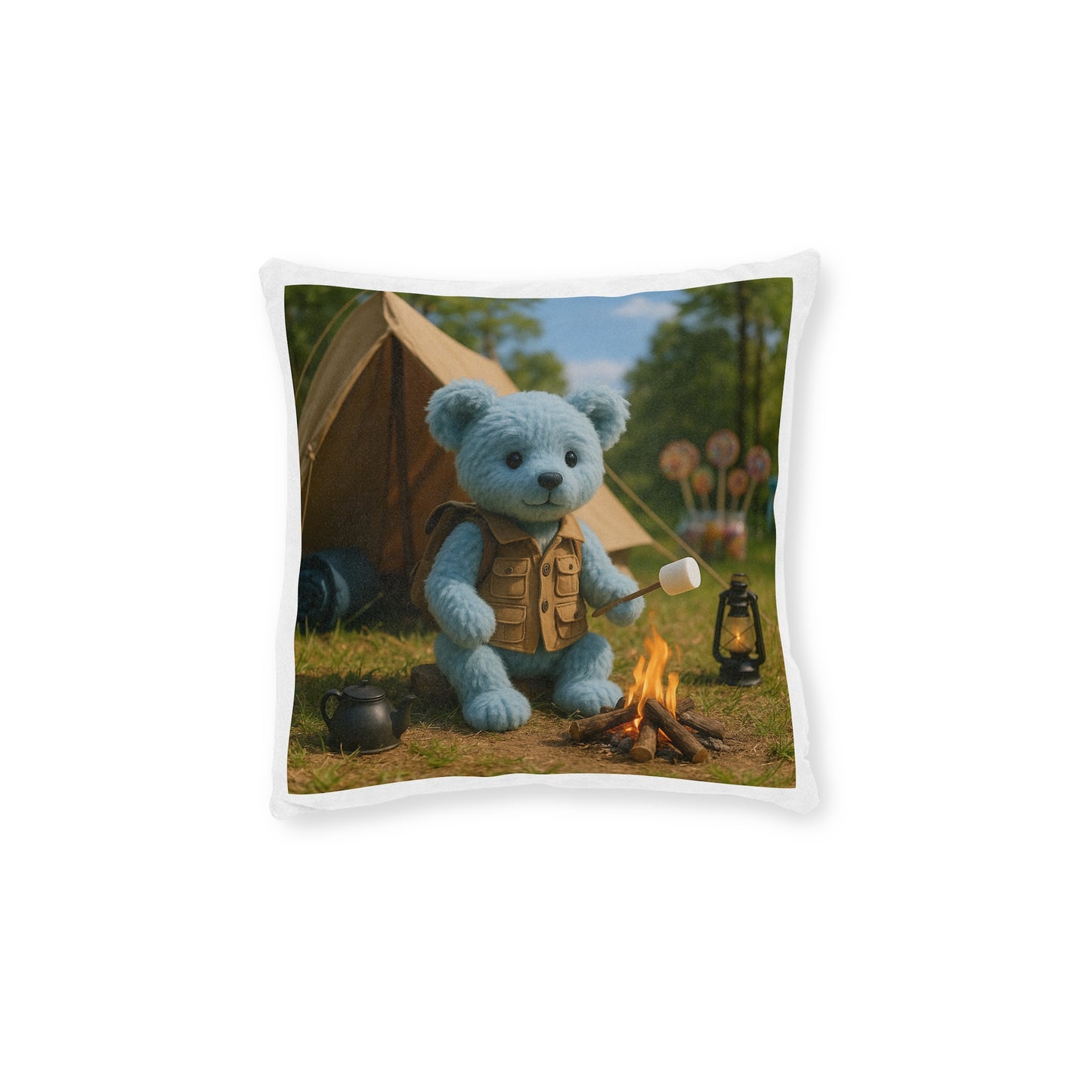 Teddy on Tour Indigo goes camping Square Pillow