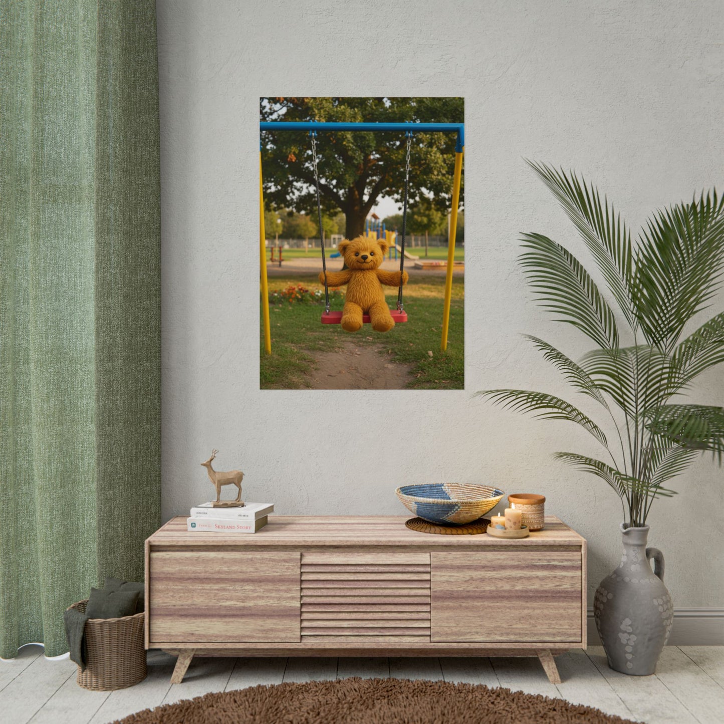 Teddy On Tour Teddy on a swing poster Rolled Posters