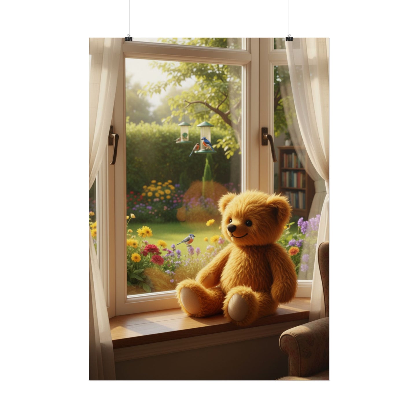 Teddy On Tour Teddy looking out of window poster Rolled Posters