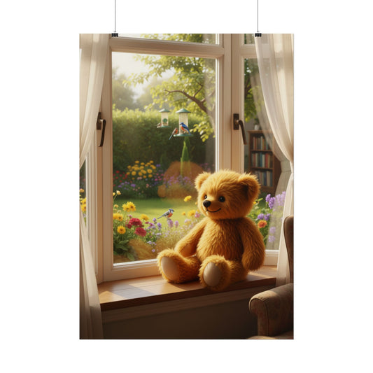 Teddy On Tour Teddy looking out of window poster Rolled Posters