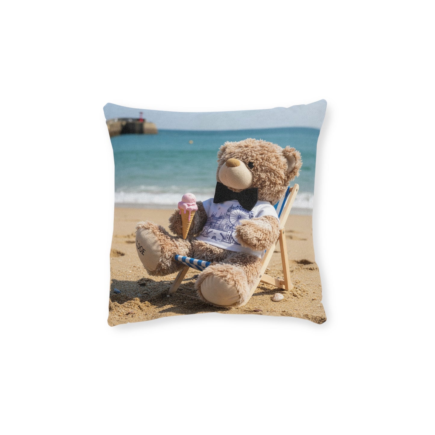Teddy on Tour Candy Bear at Looe Beach Square Pillow