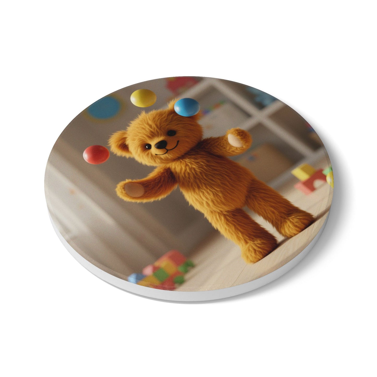 Teddy on Tour Teddy juggling Ceramic Coaster ( look for matching mug )