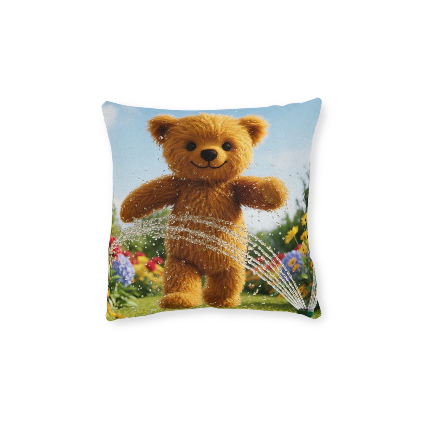 Teddy on Tour Teddy in the Sprinkler Square Cushion