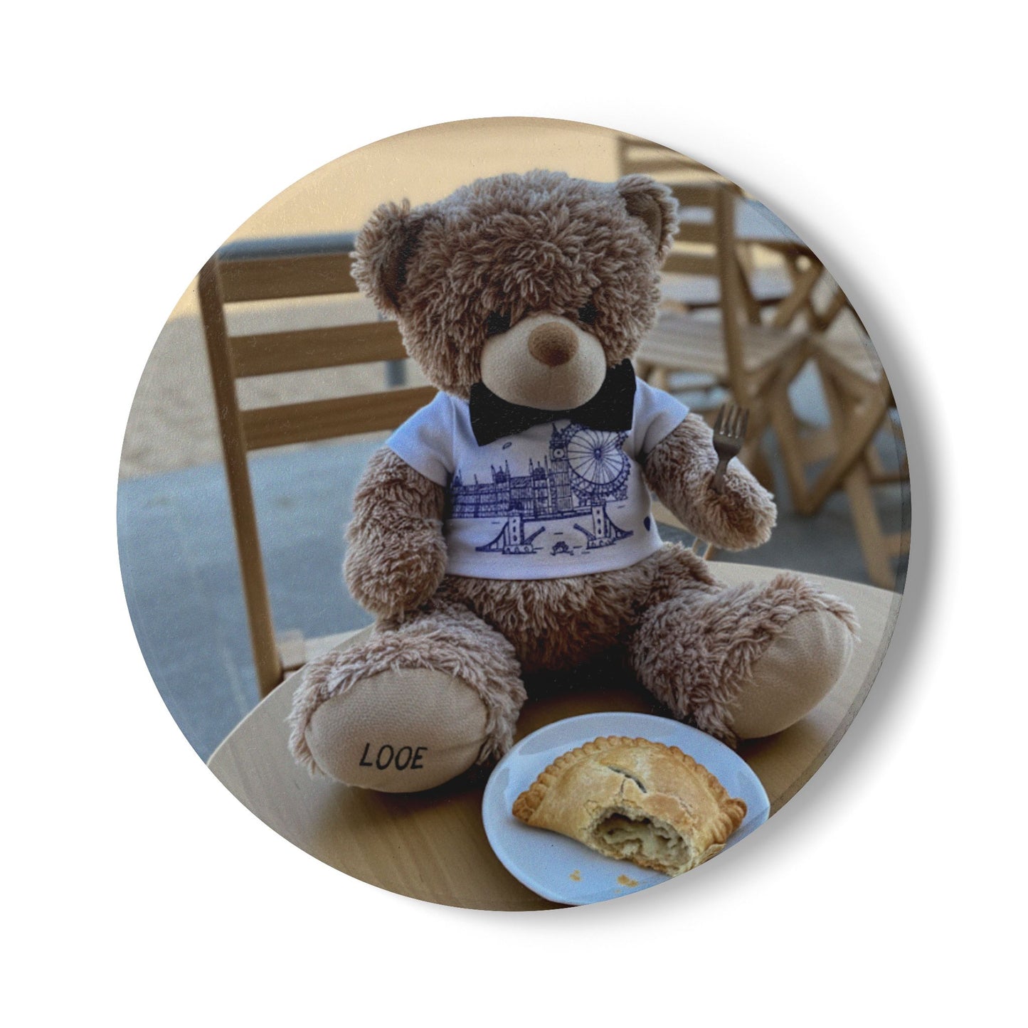Teddy on Tour Candy Bear at Looe Beach Ceramic Coaster