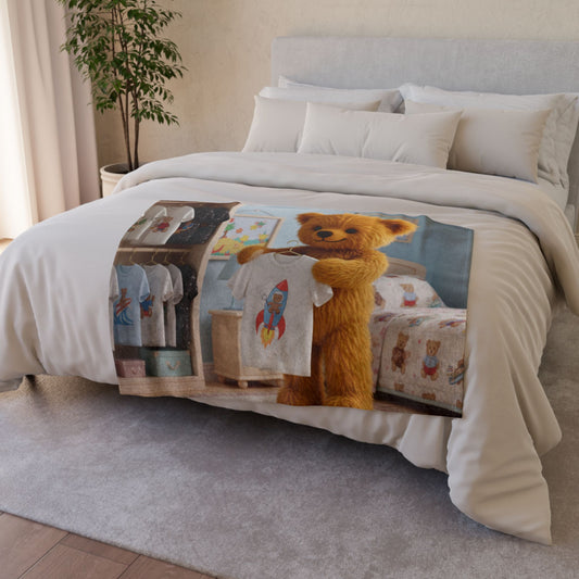 Teddy On Tour Teddy selecting clothes Soft Polyester Blanket (look for a matching cushion)