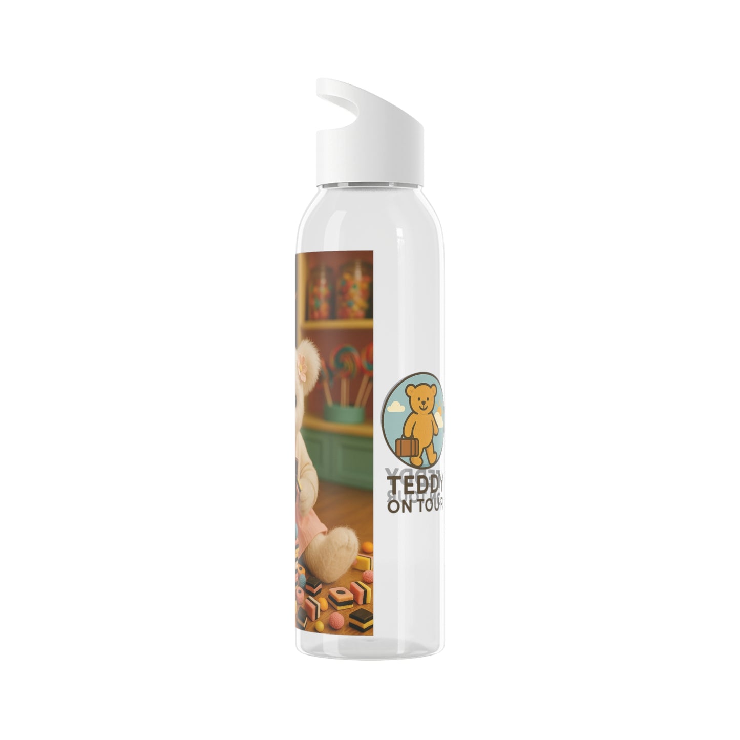 Teddy on Tour Bella in a sweet shop Sky Water Bottle