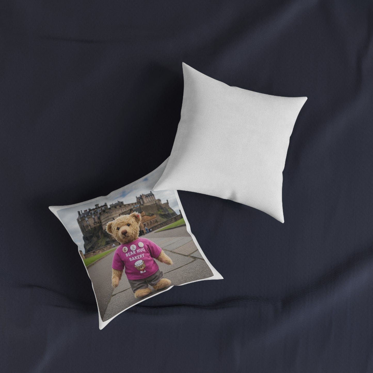 Teddy on Tour Olly in Scotland Square Pillow