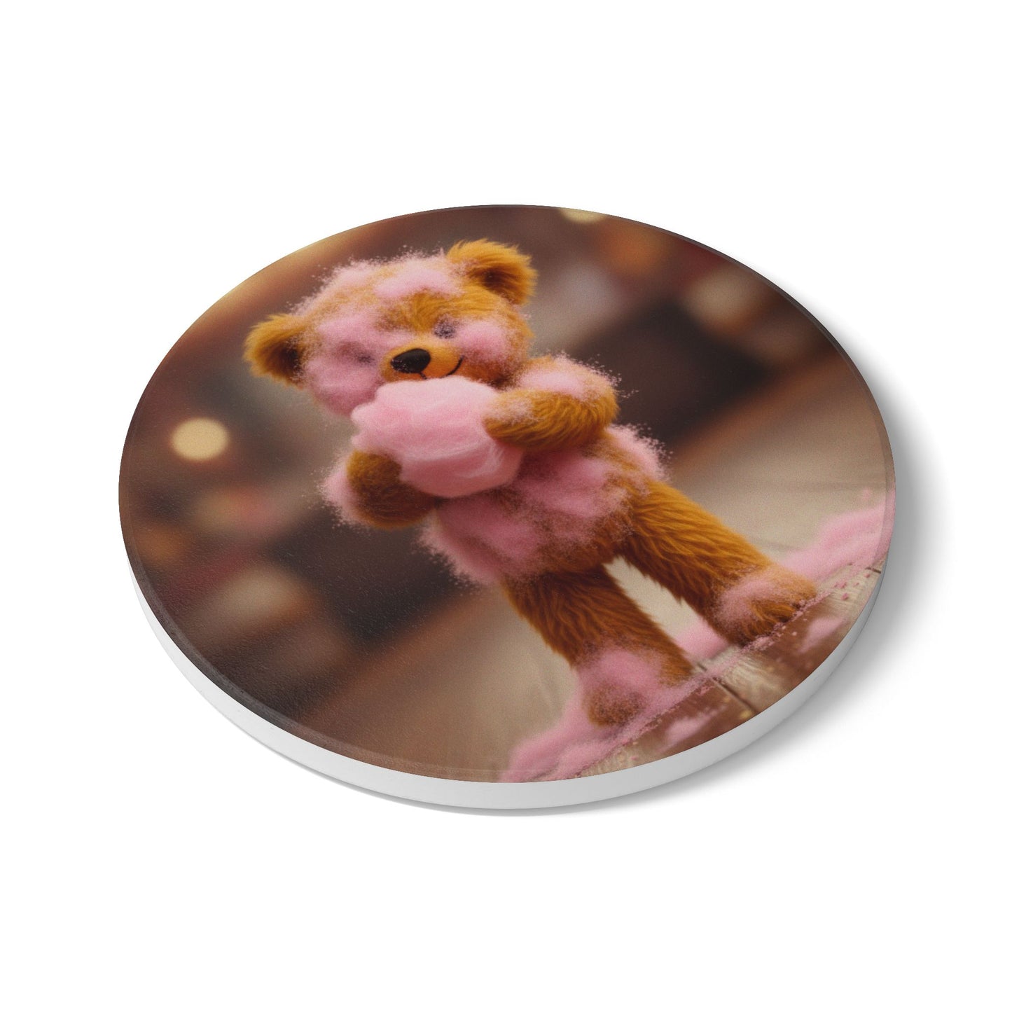 Teddy on Tour Teddy with candy floss Ceramic Coaster ( look for matching mug )