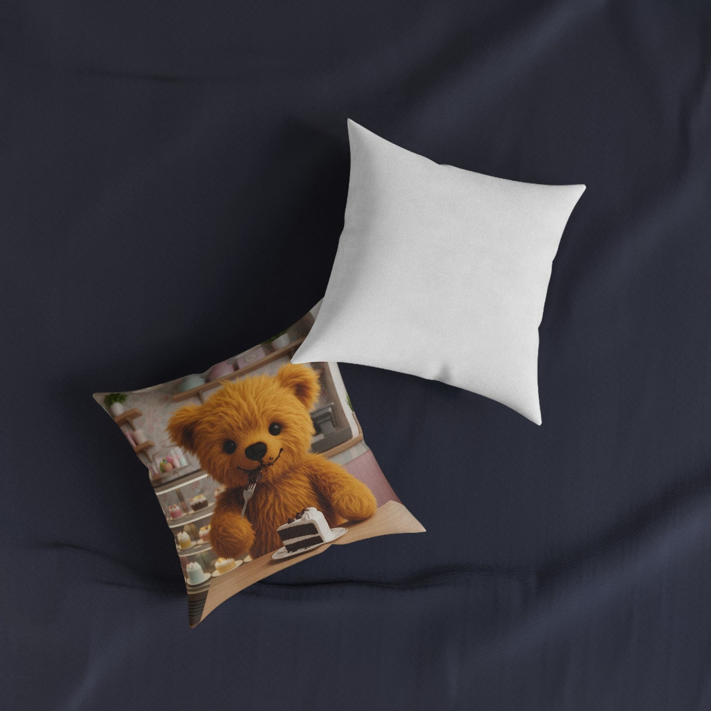 Teddy on Tour Teddy Eating Cake Square Cushion