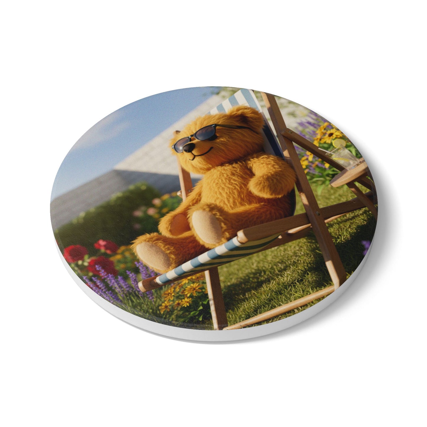 Teddy on Tour Teddy in deckchair Ceramic Coaster ( look for matching mug )
