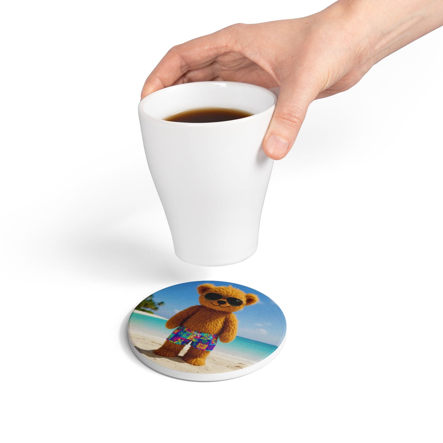 Teddy on Tour Teddy on the beach Ceramic Coaster ( look for matching mug )