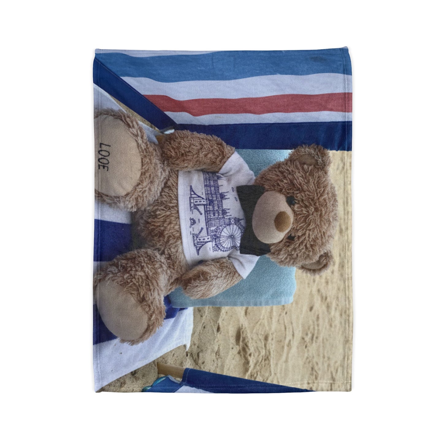 Teddy On Tour Candy Bear at Looe Beach Soft Polyester Blanket