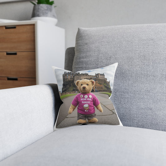 Teddy on Tour Olly in Scotland Square Pillow