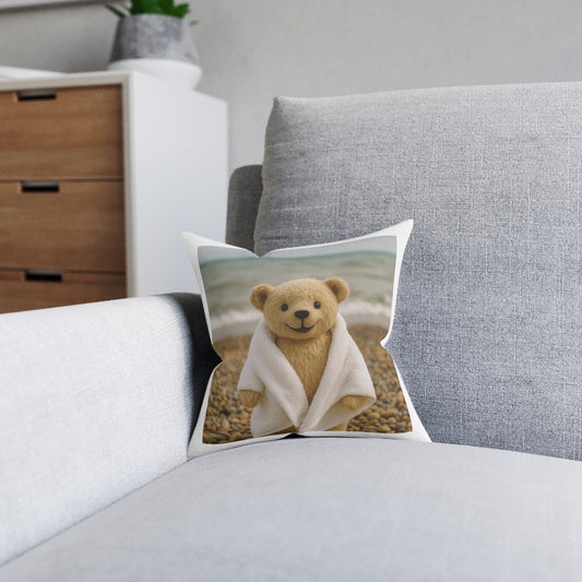 Teddy on Tour Bexhill Beach Square Pillow