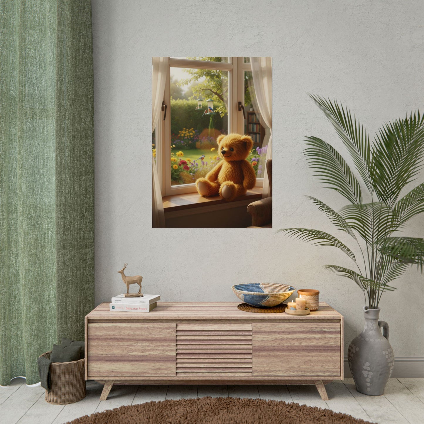 Teddy On Tour Teddy looking out of window poster Rolled Posters