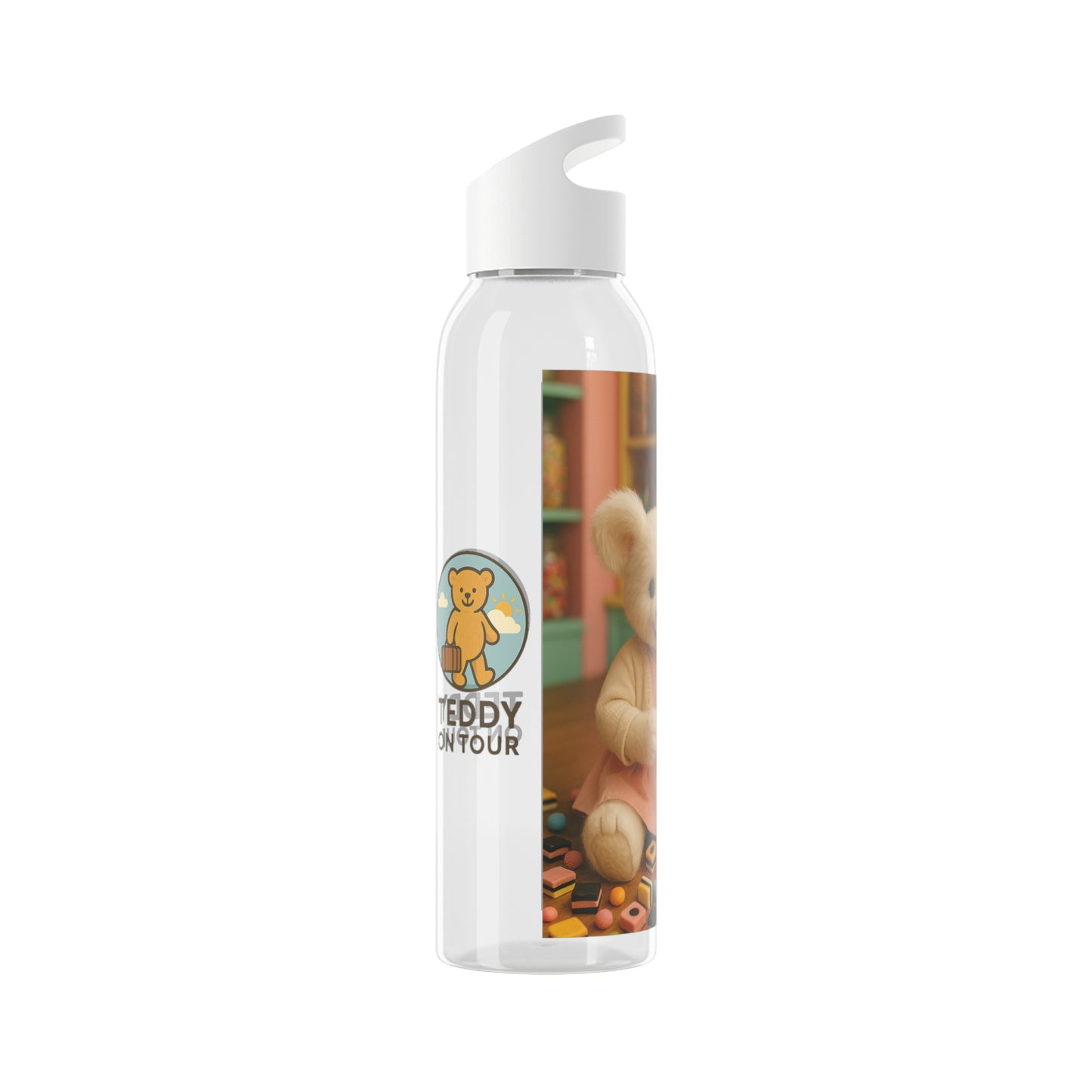Teddy on Tour Bella in a sweet shop Sky Water Bottle