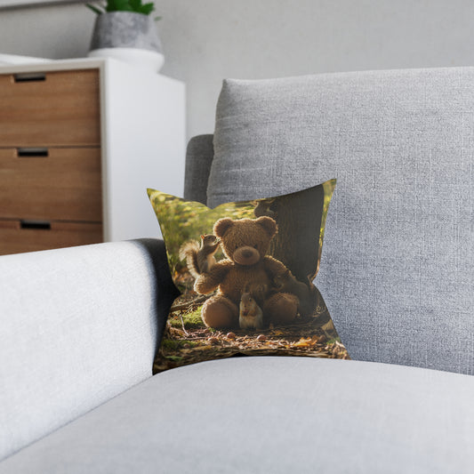Teddy on Tour teddy in a sunny forest near a lake Square Pillow