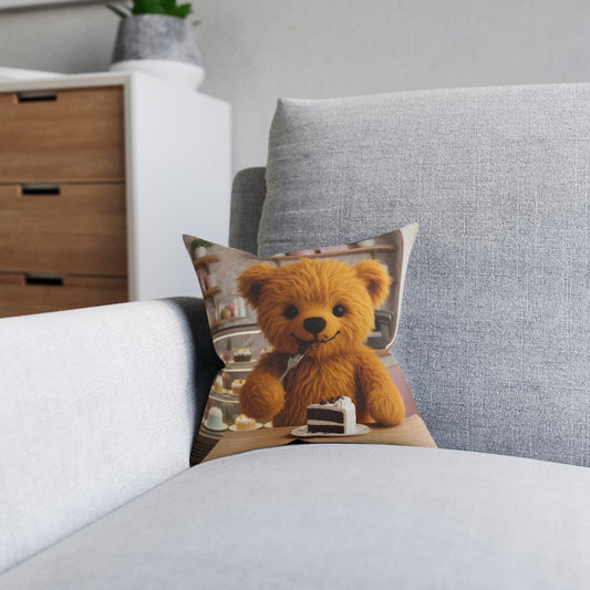 Teddy on Tour Teddy Eating Cake Square Cushion