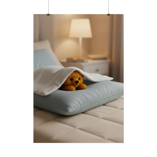 Teddy On Tour Teddy under pillowcase poster Rolled Posters