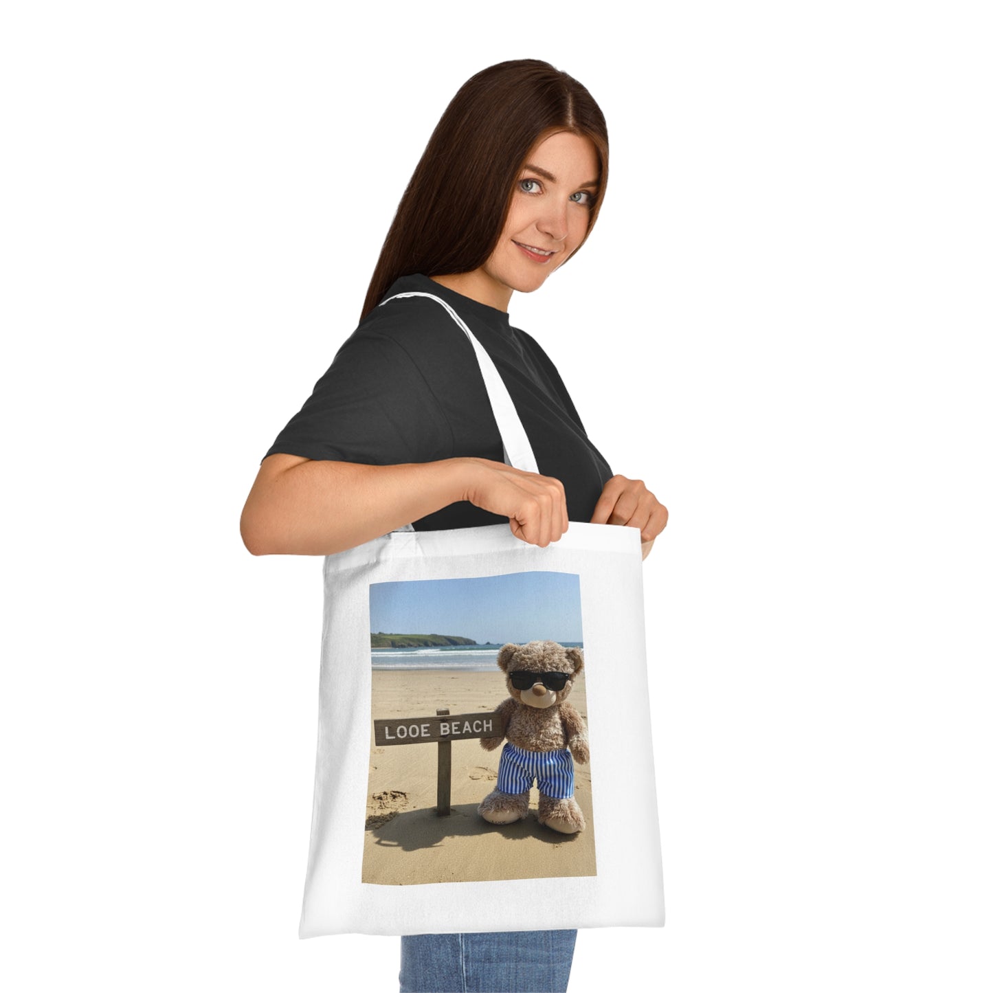 Teddy On Tour – Candy Bear at Looe Beach Cotton Tote Bag