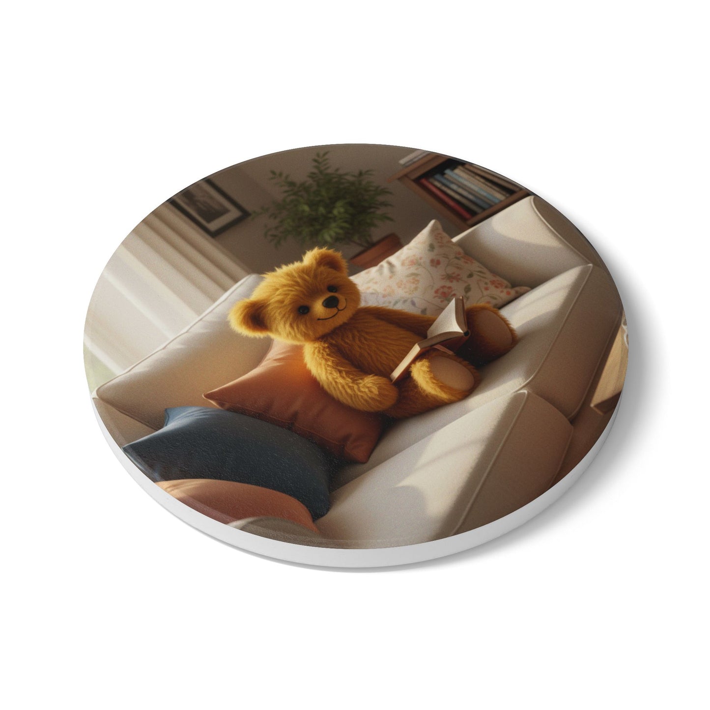 Teddy on Tour Teddy on the couch Ceramic Coaster ( look for matching mug )