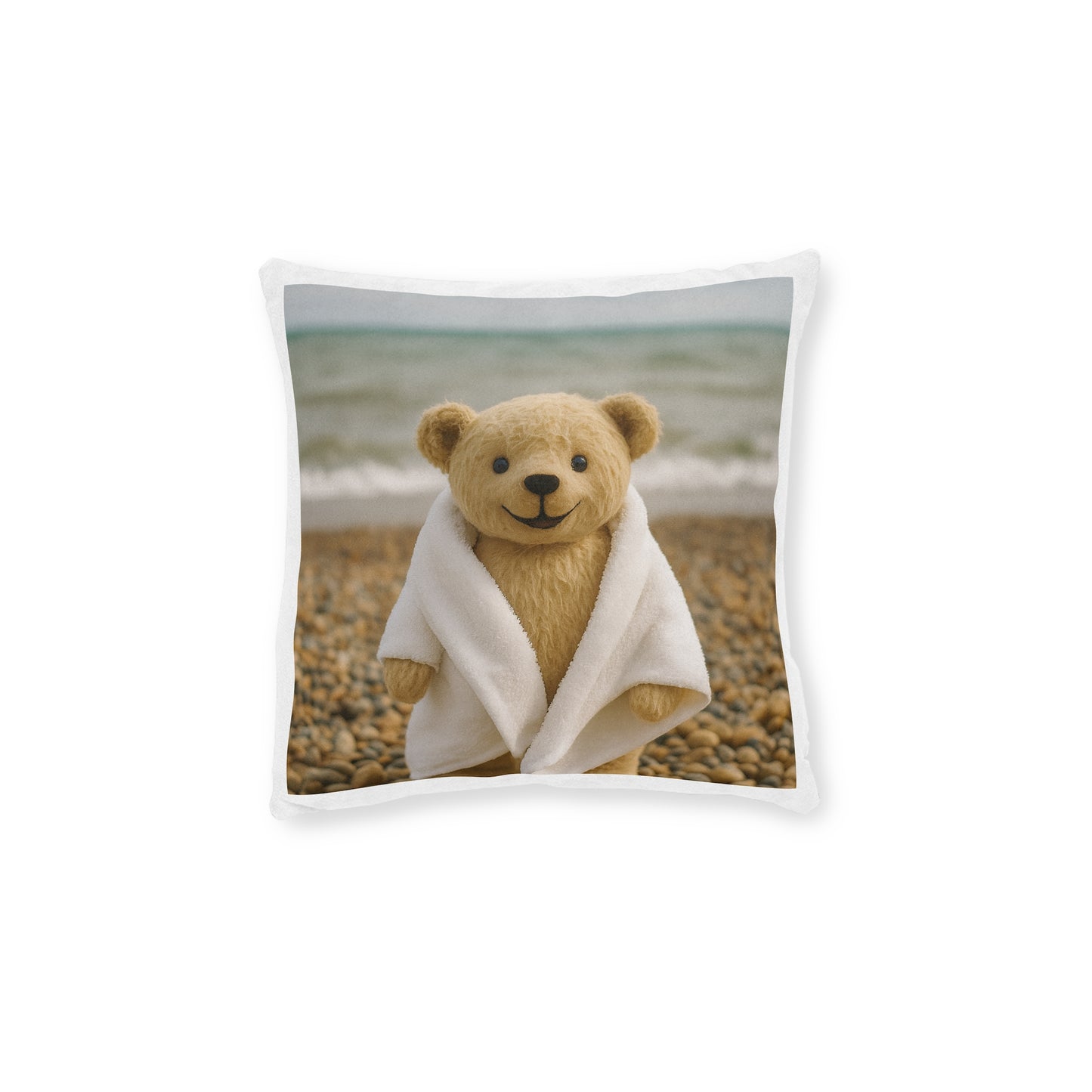 Teddy on Tour Bexhill Beach Square Pillow