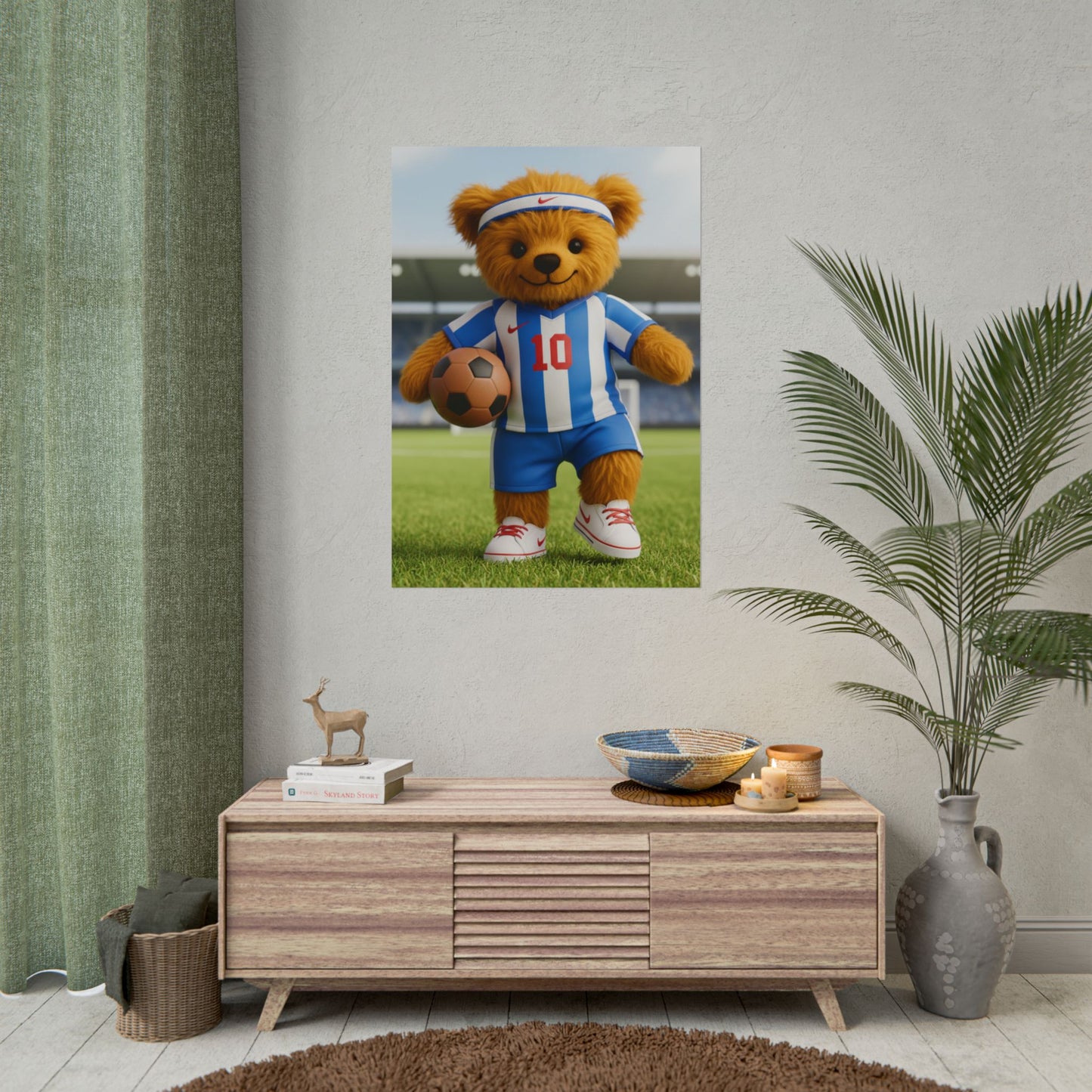 Teddy On Tour Teddy playing football poster Rolled Posters