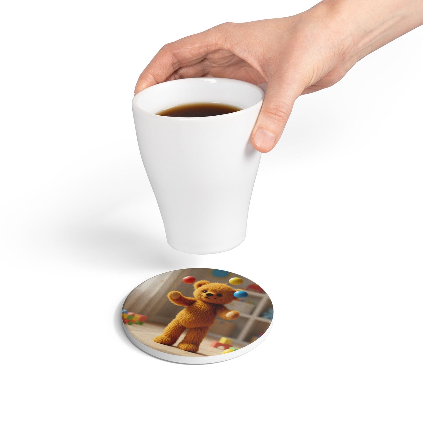 Teddy on Tour Teddy juggling Ceramic Coaster ( look for matching mug )