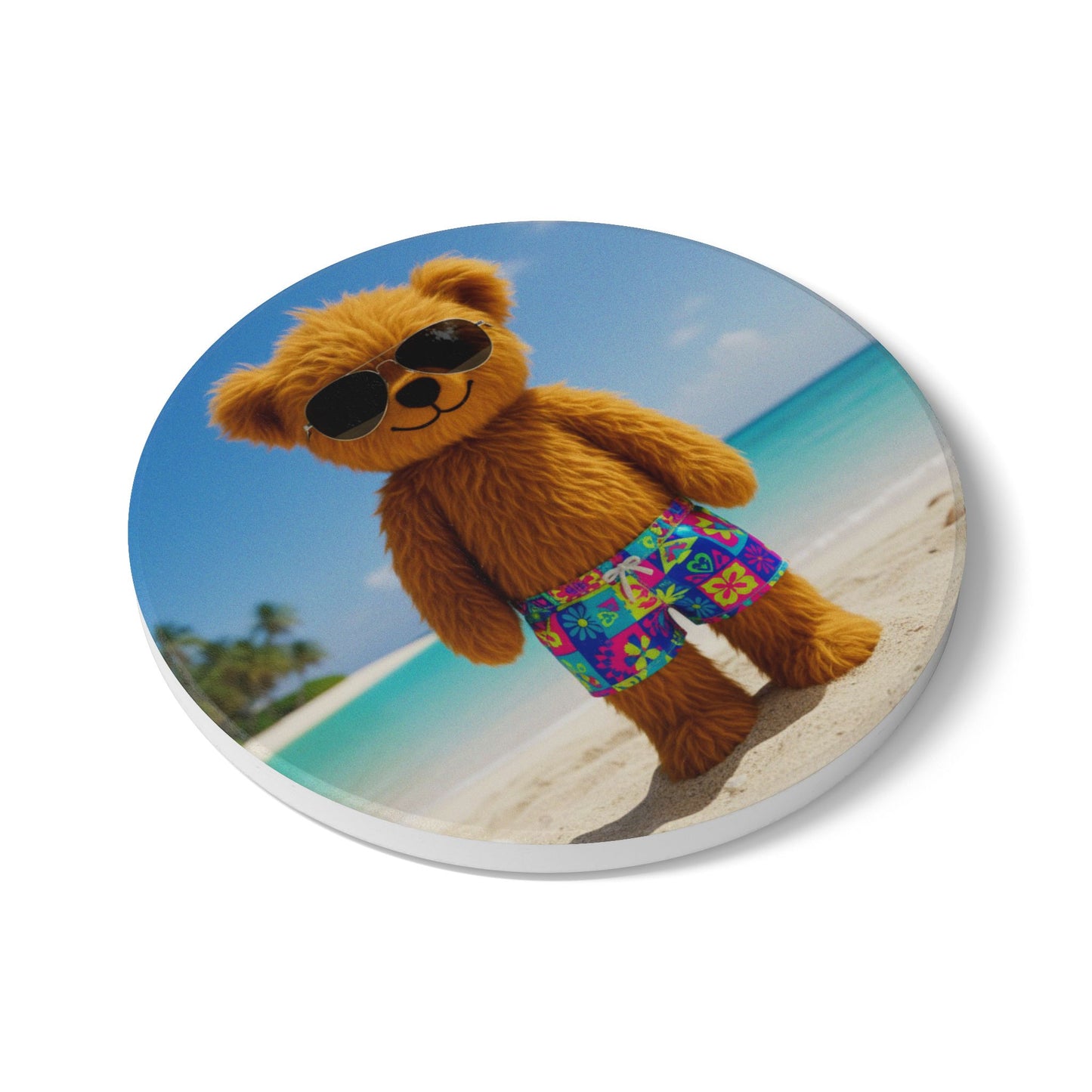 Teddy on Tour Teddy on the beach Ceramic Coaster ( look for matching mug )
