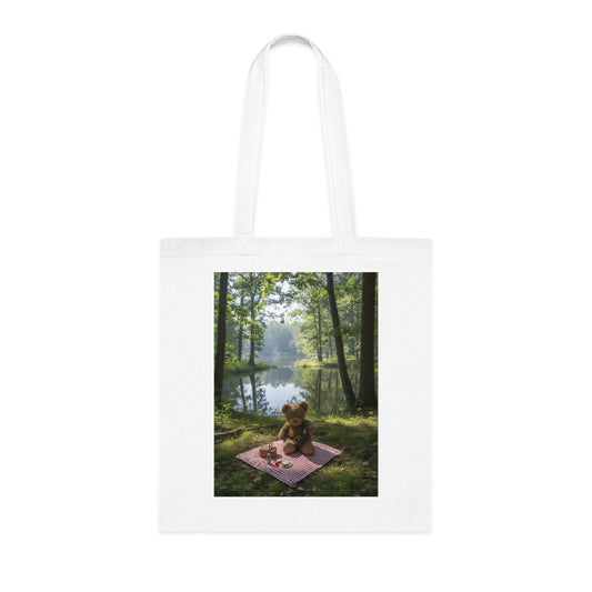 Teddy On Tour – teddy in sunny forest near a lake Cotton Tote Bag