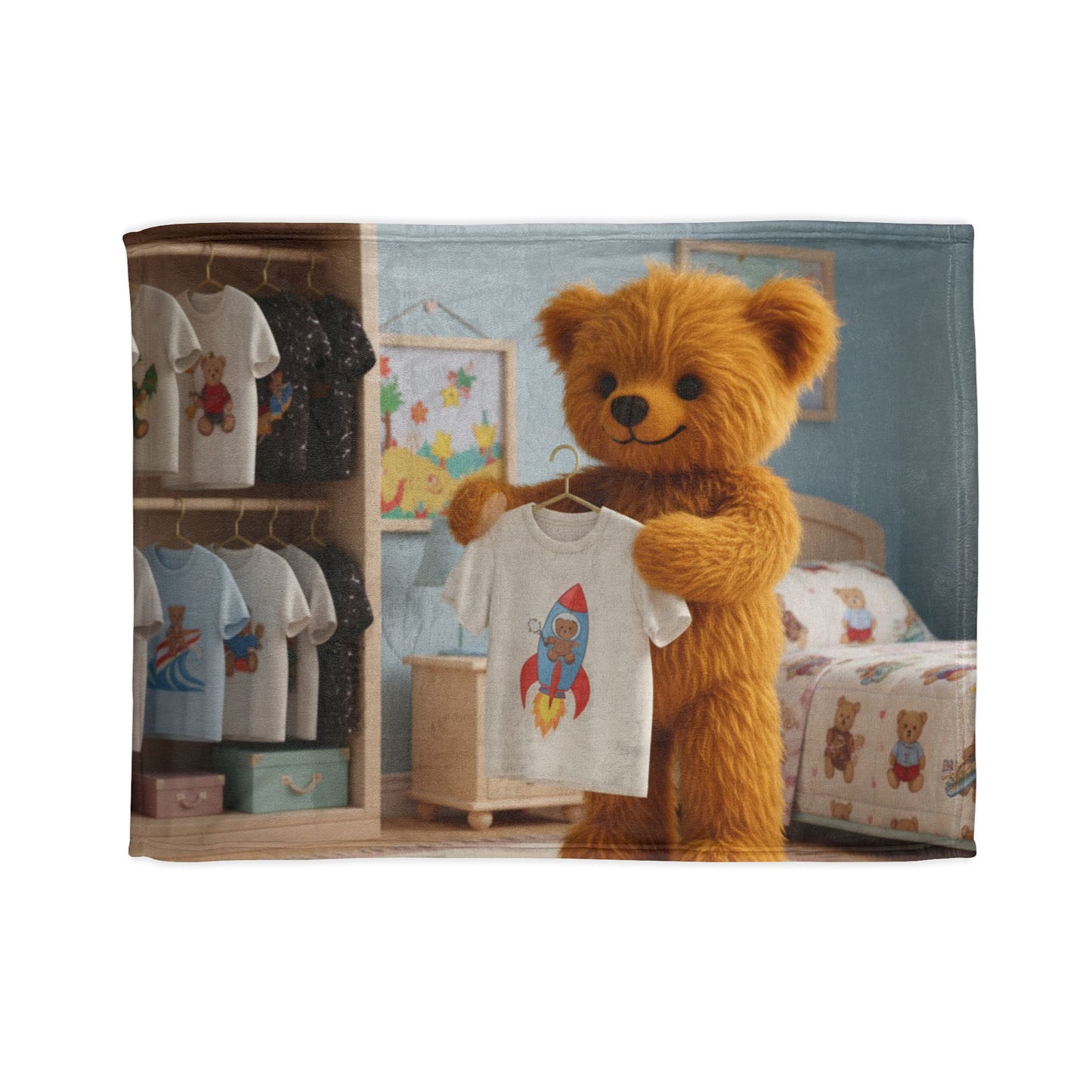 Teddy On Tour Teddy selecting clothes Soft Polyester Blanket (look for a matching cushion)