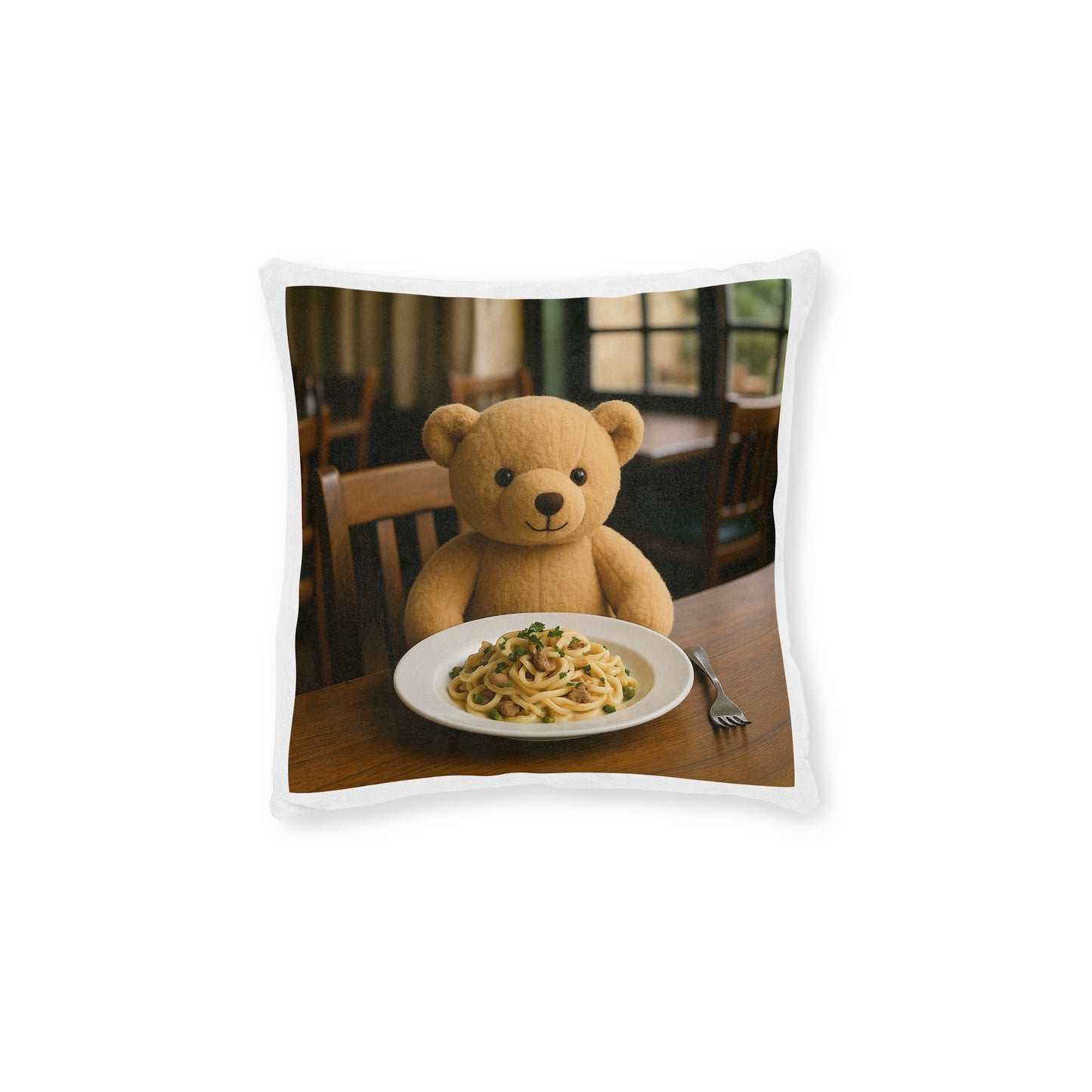 Teddy on Tour Eating Out Square Pillow