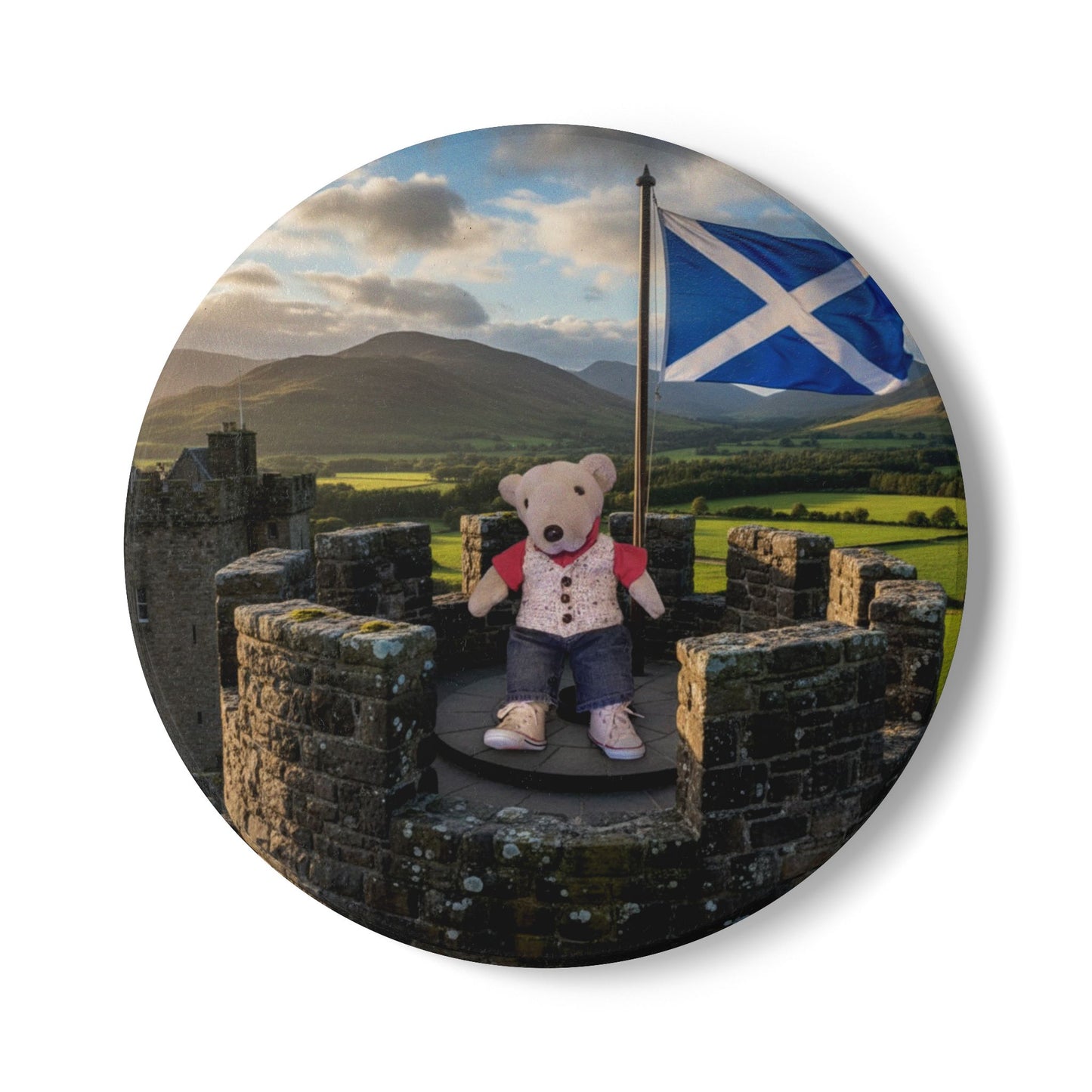 Teddy on Tour Andrew in Scotland Ceramic Coaster