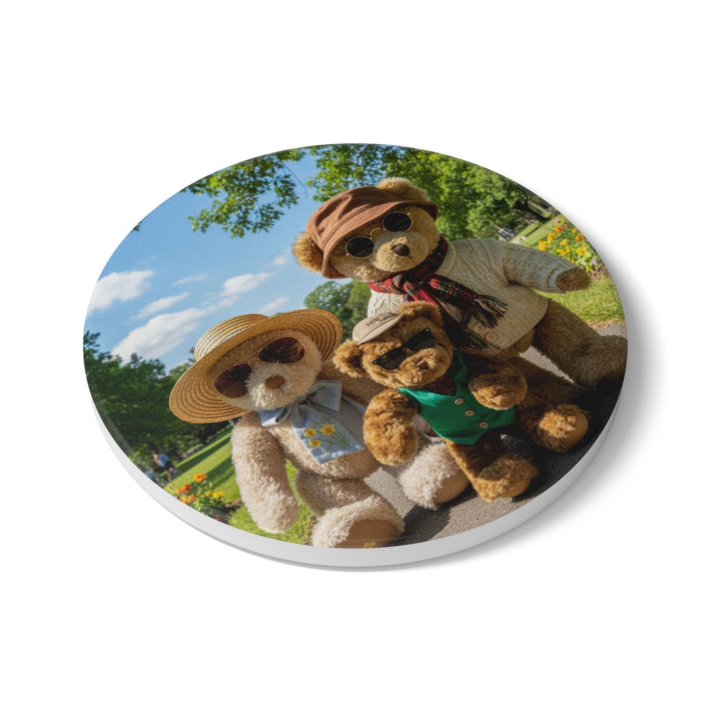 Teddy on Tour Bear Family enjoy afternoon tea Ceramic Coaster