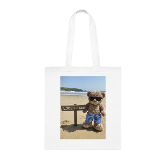 Teddy On Tour – Candy Bear at Looe Beach Cotton Tote Bag