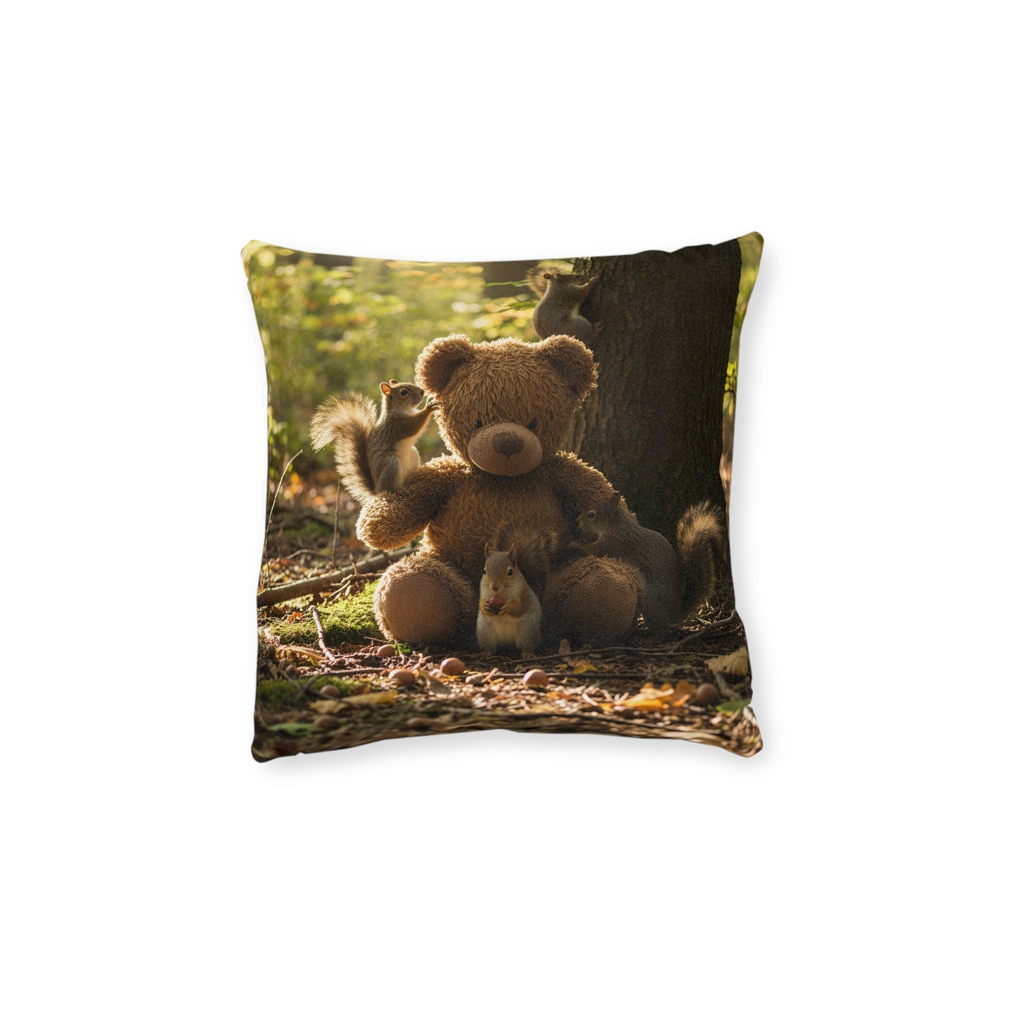 Teddy on Tour teddy in a sunny forest near a lake Square Pillow